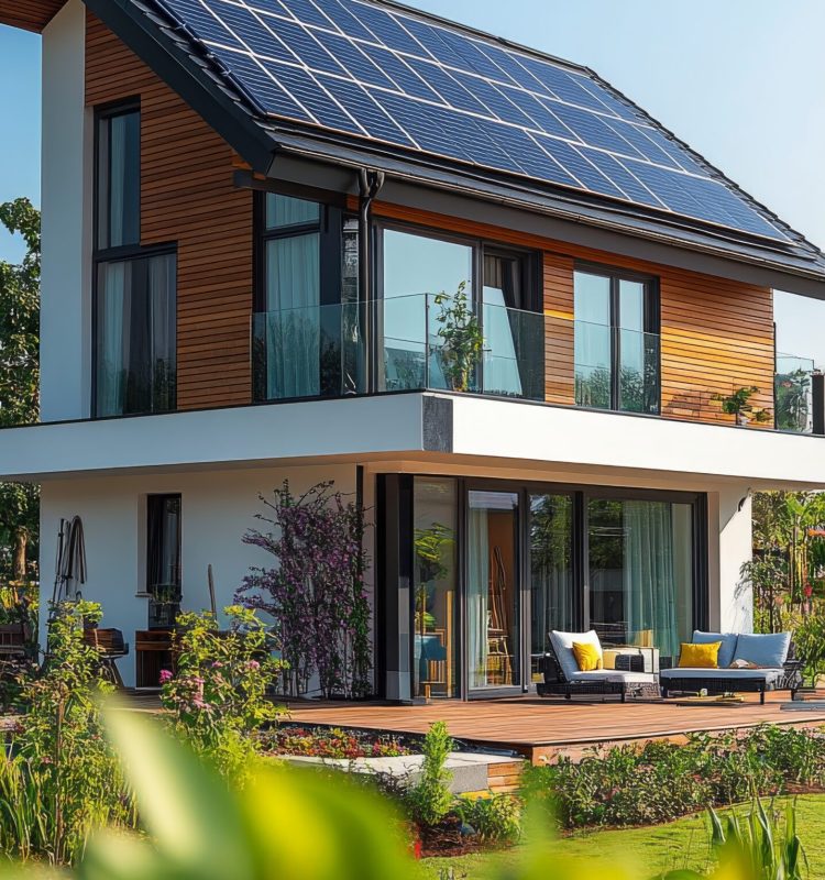 A contemporary house features large windows showcasing warm interior lighting as the sun sets. The home is accompanied by a tranquil pool and lush greenery surrounding it.